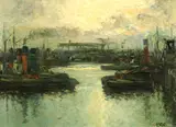 Otto Wild, Hamburger Hafen mit Werft, 1950, Oil on fibreboard