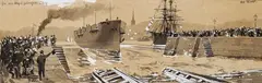 Carl Saltzmann, Das vom Stapel gelaufene Schiff (in der Kieler Förde?), 1885, Brush and India ink drawing