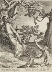 Jan Saenredam, Elias in der Wildnis von den Raben gespeist, 1604, Engraving