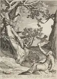 Jan Saenredam, Elias in der Wildnis von den Raben gespeist, 1604, Engraving