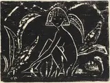 Otto Mueller, Mädchen zwischen Blattpflanzen (Mädchen im Schilf), 1912/1945/1952, Holzschnitt auf dünnem Japan