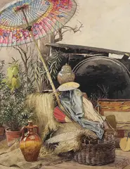 Alexander Koester, Stillleben mit japanischem Papierschirm, 1886, Watercolour