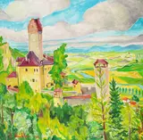Hermann Mühlen, Landschaft mit Burg, 1962, Oil on canvas