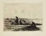 Max Liebermann, Netzflickerinnen, 1894, Kaltnadelradierung mit Plattenton auf holländischem Papier