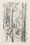 Max Liebermann, 4 Bll.: Netzflickerinnen. Kellergarten in Rosenheim. Karrenhandel. Frühling im Grunewald, 1894, Drypoint