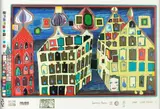 Mit der Liebe warten tut weh, wenn die Liebe woanders ist by Friedensreich Hundertwasser, 1971/1972, Farbserigrafie, teilweise phosphoreszierend, und Metallprägungen auf SCHOELLER STERN (Trockenstempel), sold Sep 2007