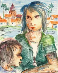 Hans Tombrock, Mutter mit Kind vor Stadtlandschaft, 1937, Chalk drawing