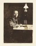 Selbstbildnis am Tisch (Endgültige Fassung) by Käthe Kollwitz, 1893, Etching, sold Sep 2007