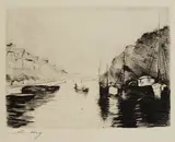 Lesser Ury, Holländischer Kanal mit ankernden Booten, 1923, Etching