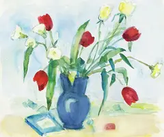 Rolf Diener, Tulpen in blauer Vase, 1977, Watercolour