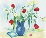 Rolf Diener, Tulpen in blauer Vase, 1977, Watercolour