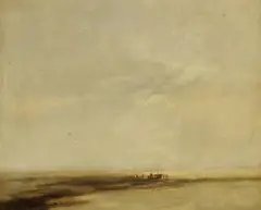 Manfred Schatz, Weite Landschaft mit Fischerboot (Vor nächtlicher Ausfahrt), 1953, Oil on fibreboard