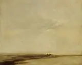 Manfred Schatz, Weite Landschaft mit Fischerboot (Vor nächtlicher Ausfahrt), 1953, Oil on fibreboard