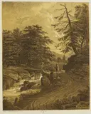 2 Bll.: Gebirgsbach mit Balkenbrücke. Flußlandschaft mit Fähre by Johann Jakob Dorner the Younger, 1817, Lithograph, sold Jul 2007