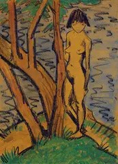 Otto Mueller, Stehendes Mädchen vor Bäumen, 1925, Watercolour