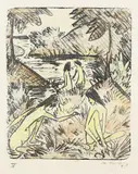 Otto Mueller, Waldsee mit drei badenden und einem sitzenden Mädchen 1 (Badende in Landschaft mit Brücke), 1918, Lithograph