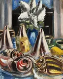 Paul Kleinschmidt, Stilleben mit Flieder und Servietten, 1949, Oil on canvas