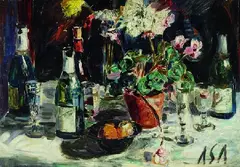 Albert Schiestl-Arding, Tisch mit Flaschen, Gläsern und Topfblume, 1925, Oil on cardboard