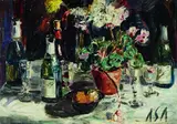 Albert Schiestl-Arding, Tisch mit Flaschen, Gläsern und Topfblume, 1925, Oil on cardboard