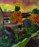 Josefine Mühlen-Schmid, Herbstabend im Dorfe, Oil on fibreboard