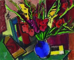 Hannes Schmucker, Gladiolen in blauer Vase, 1948, Oil on canvas