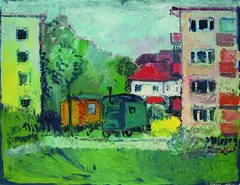 Werner Laves, Häuser mit Wohnwagen, 1955, Oil on fibreboard