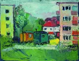 Werner Laves, Häuser mit Wohnwagen, 1955, Oil on fibreboard