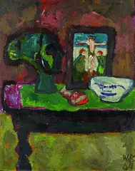 Walter Becker, Stillleben mit Hinterglasbild, 1964, Oil on burlap