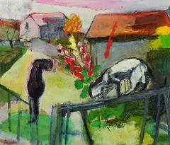 Zwei Katzen auf dem Bauernhof by Josef Mader, 1960, Tempera, sold Jun 2007