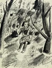 Otto Herbig, Kind auf der Schaukel 2 (dunkles Haar), 1953, Chalk drawing
