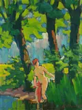 Heinrich Emil Adametz, Badende im Wald, 1930, Oil on burlap