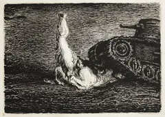 A. Paul Weber, 5 Bll.: Die alten Fahnen. Dünger (2). Der General II. Der Tank und das Pferd, 1954, Lithograph