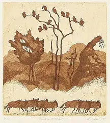 Hedwig Jarke, 2 Bll.: Japanische Landschaft. Affen, 1900, Woodcut