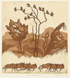 Hedwig Jarke, 2 Bll.: Japanische Landschaft. Affen, 1900, Woodcut