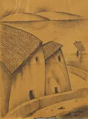 Cecilio Guzmán de Rojas, Häuser am See, 1941, Chalk drawing