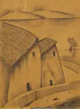 Cecilio Guzmán de Rojas, Häuser am See, 1941, Chalk drawing