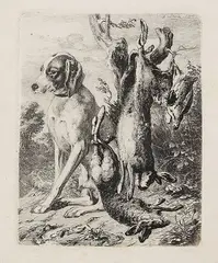 Sixtus Armin Thon, Jagdhund mit erlegtem Wild, 1842, Etching