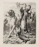 Sixtus Armin Thon, Jagdhund mit erlegtem Wild, 1842, Etching