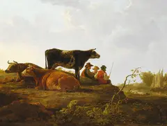Jacob van Strij, Kühe und Bauern auf einem Hügel, 1790, Oil on panel