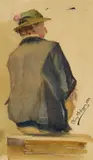 Franz Defregger, 2 Arbeiten: Wirt mit Zipfelmütze. Rückenansicht eines sitzenden Mannes in Tracht