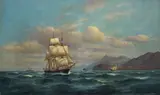 Franz Johann Wilhelm Hünten, Segler vor felsiger Küste, 1884, Oil on canvas