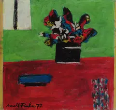 Arnold Fiedler, Schwarze Blumen auf Grün, 1977, Tempera