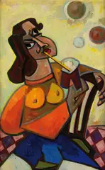 Herbert Helmert, Seifenbläserin, 1953, Oil on cardboard