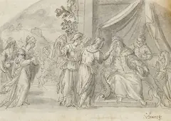 Christoph Schwarz, Tobias heilt die Blindheit seines Vaters, Pen and ink drawing