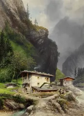 Carl Graeb, Haus am Gebirgsbach, 1867, Watercolour