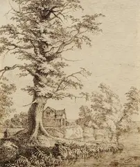 Ferdinand Kobell, Eiche mit Hütte am Fluss, Pen and India ink drawing