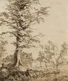 Ferdinand Kobell, Eiche mit Hütte am Fluss, Pen and India ink drawing