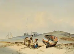 Fritz Bamberger, Pläne schmiedende Kinder am Strand, 1848, Watercolour