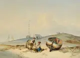 Fritz Bamberger, Pläne schmiedende Kinder am Strand, 1848, Watercolour