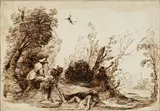 Nachfolge - Landschaft mit mythologischer Szene by Giovanni Francesco Barbieri gen. Guercino, Pen and India ink drawing, sold Mar 2007